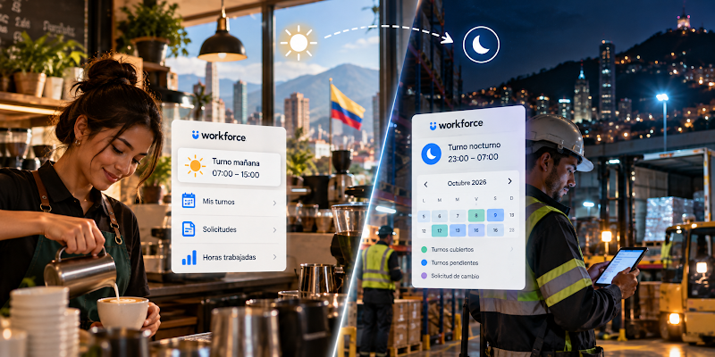 Turnos diurno y nocturno en una cafetería y en una obra en Colombia, gestionados desde la aplicación de Workforce.com